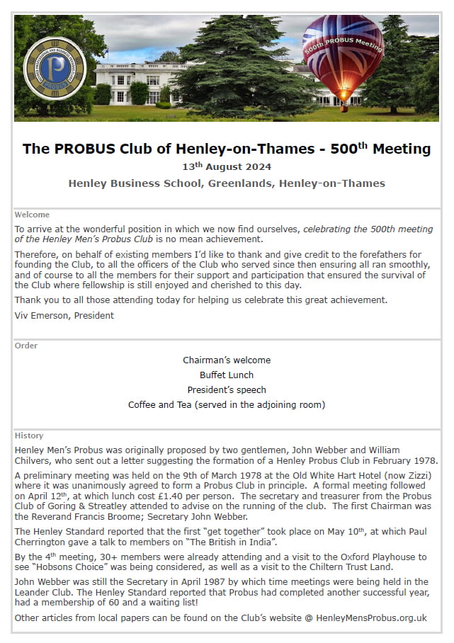 Henley Men's Probus - 500th Meeting - Table Flyer